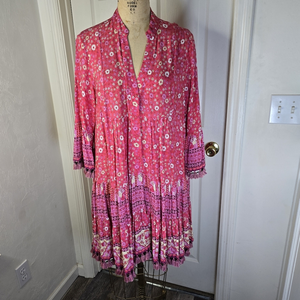Floral Pink V Neck Tiered Shirt Tassels Womens Bohemian‎ Dress L/XL